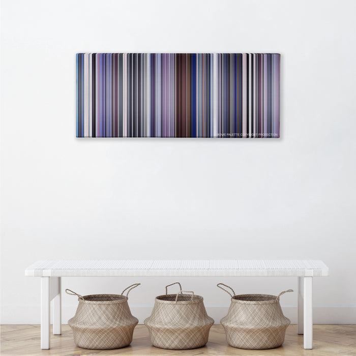 Punch-Drunk Love color palette canvas above a white bench with three woven baskets