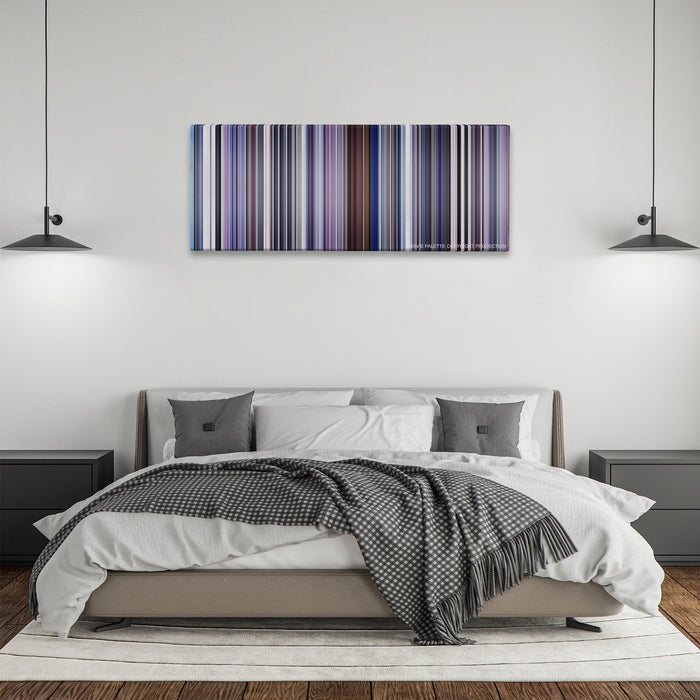 Punch-Drunk Love color palette canvas above a bed, between two black pendant lamps