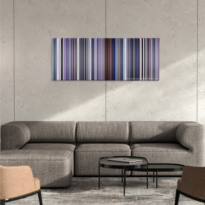 Punch-Drunk Love color palette canvas on a concrete wall above a gray sectional sofa