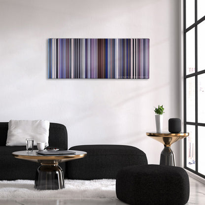 Punch-Drunk Love color palette canvas above a black sofa with a gold-topped table