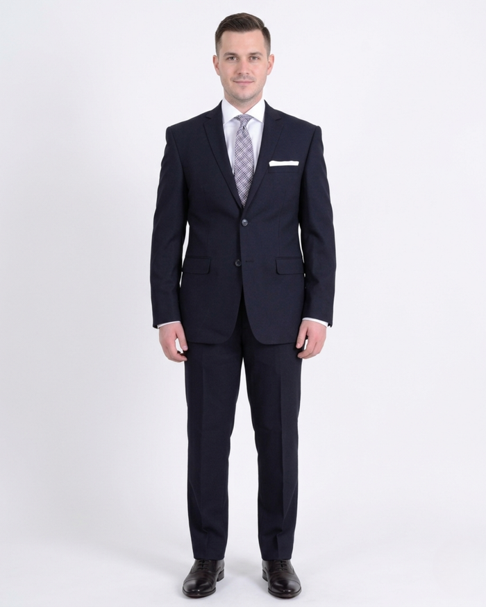 Raphael Slim Fit Navy Blue Textured Two Button Wool Touch Suit - The Suit Depot