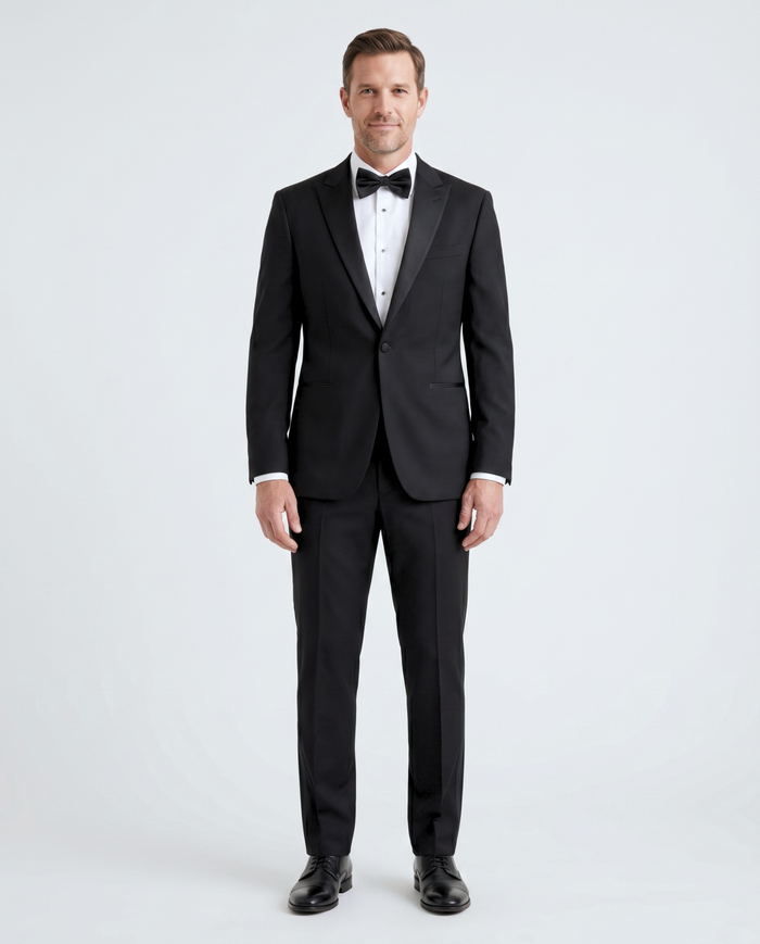 Raphael Slim Fit Solid Black Tuxedo Suit With Satin Stripe On Pant - The Suit Depot