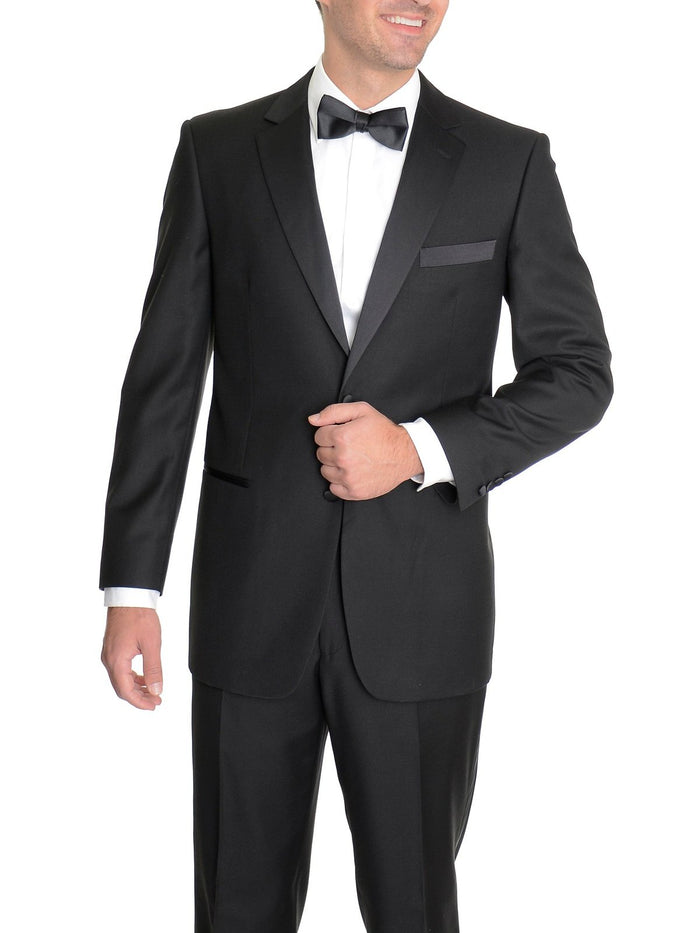 Raphael Slim Fit Solid Black Tuxedo Suit With Satin Stripe On Pant - The Suit Depot