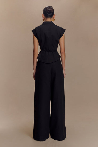 Raya Mid Rise Wide Leg Linen Pant - Black