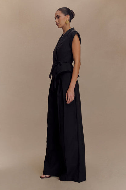 Raya Mid Rise Wide Leg Linen Pant - Black