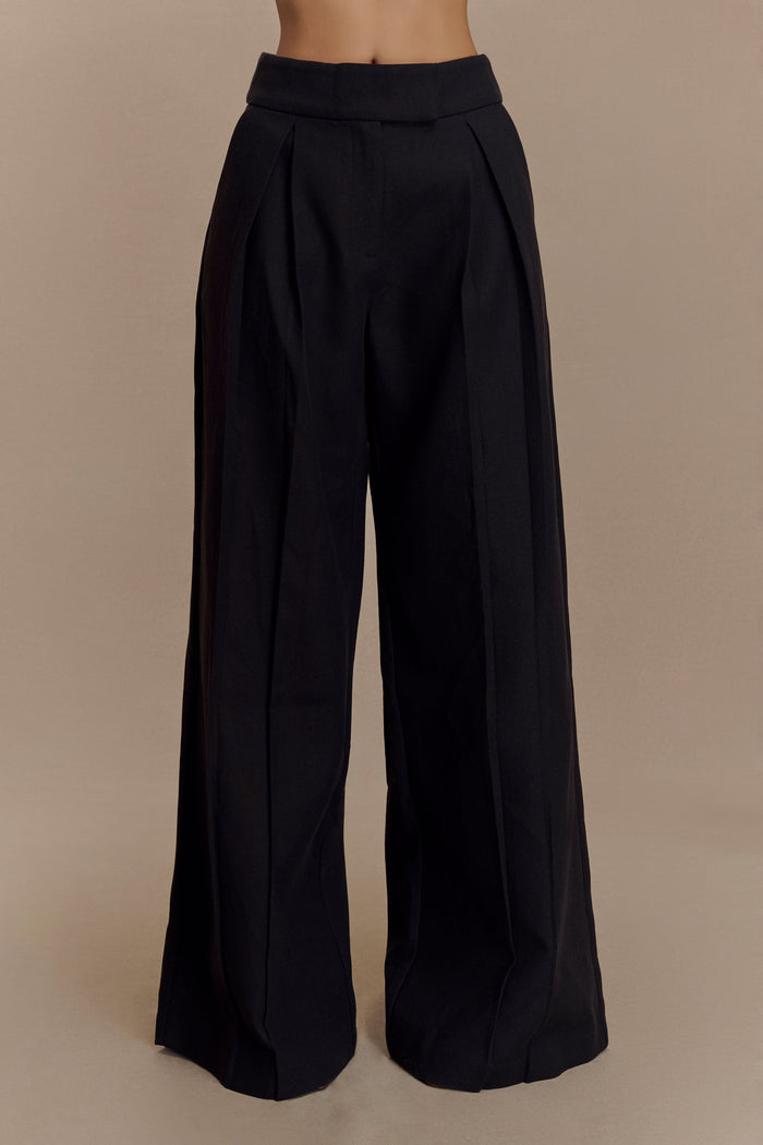 Raya Mid Rise Wide Leg Linen Pant - Black