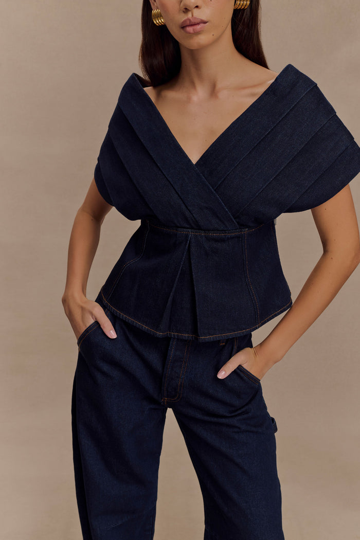 Rayne Off Shoulder Denim Top - Indigo Blue