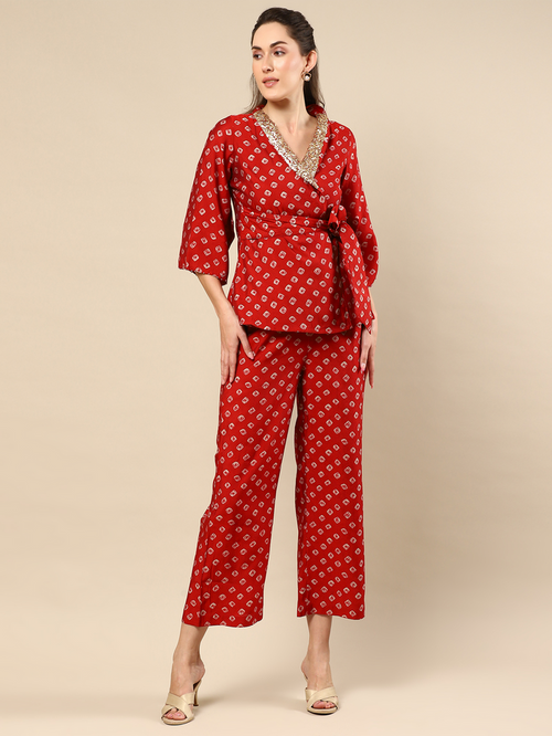 Red Bandhani Fantasy Shawl Collar Co-ord Set