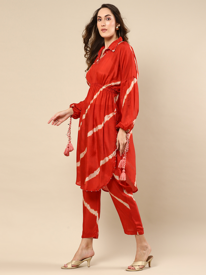 Red Cotton Silk Tunic Set