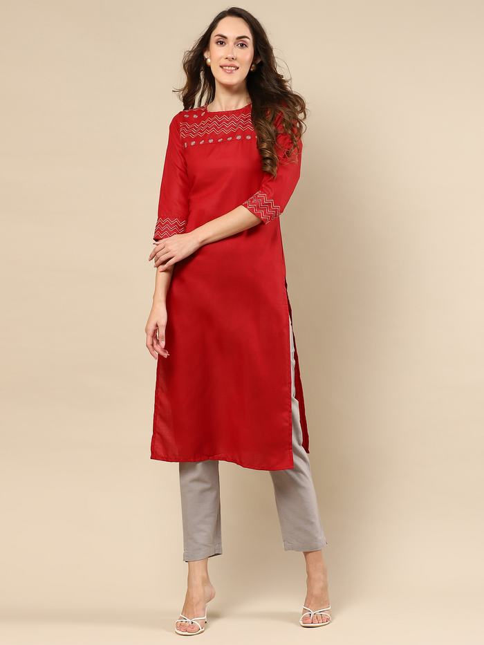 Red Embroidered Cotton Kurta