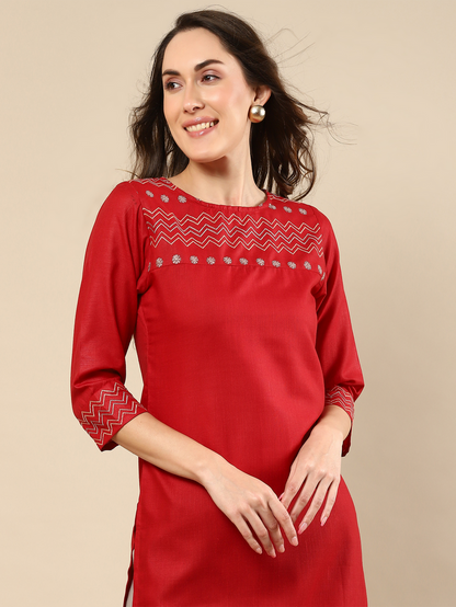 Red Embroidered Cotton Kurta