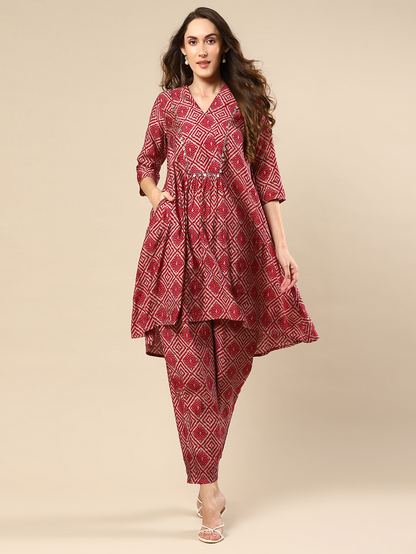 Red Printed Cotton Silk Co-ord Set