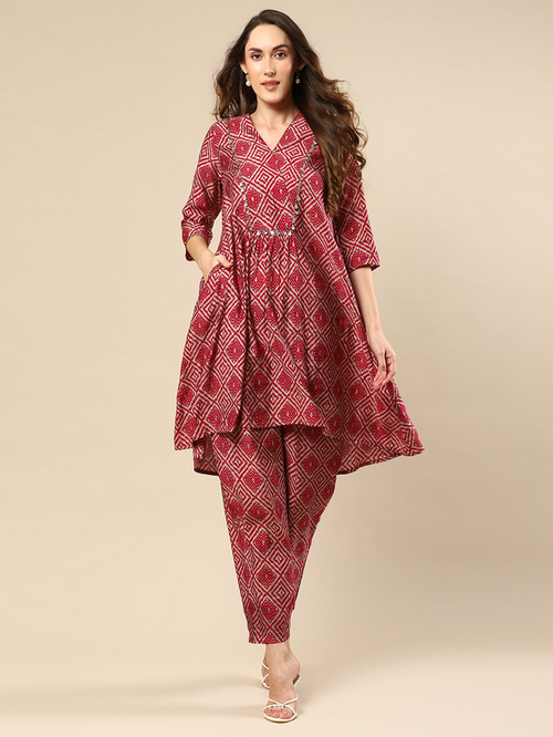 Red Printed Cotton Silk Co-ord Set