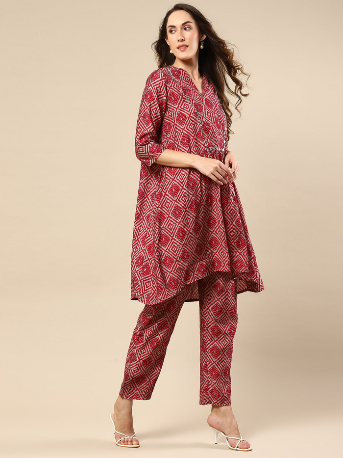 Red Printed Cotton Silk Co-ord Set