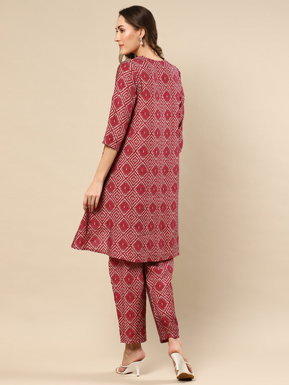 Red Printed Cotton Silk Co-ord Set