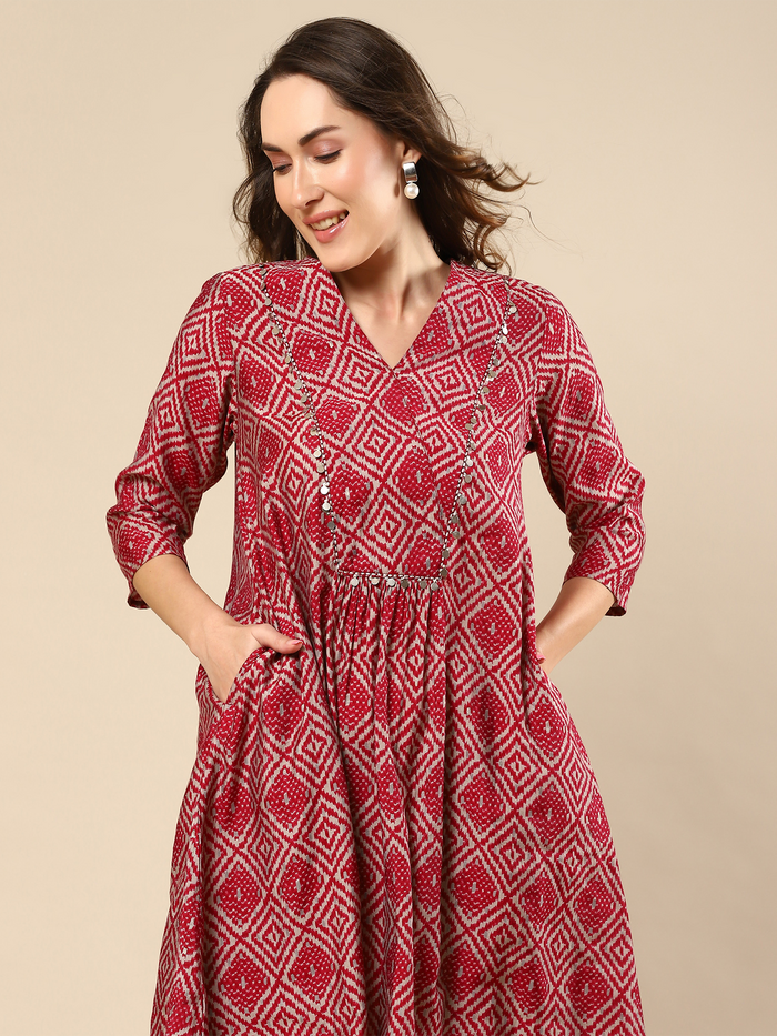 Red Printed Cotton Silk Co-ord Set