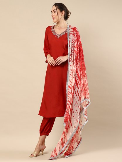 Red Zari Work Cotton Silk Suit Set