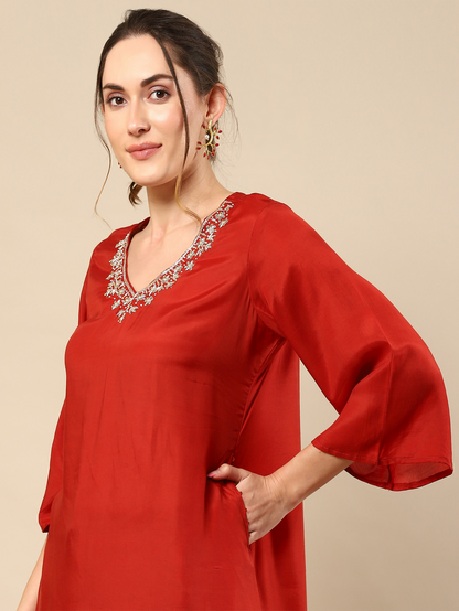 Red Zari Work Cotton Silk Suit Set