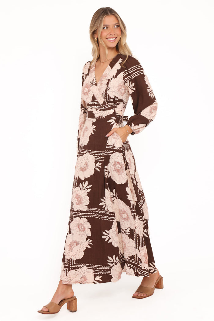 Petal and Pup USA DRESSES Safia Midi Dress - Brown Floral