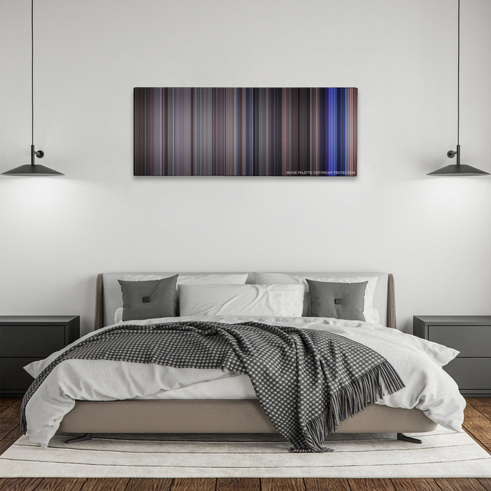 School of Rock color palette canvas above a bed, between two black pendant lamps