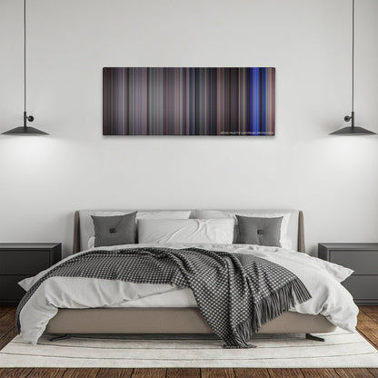 School of Rock color palette canvas above a bed, between two black pendant lamps