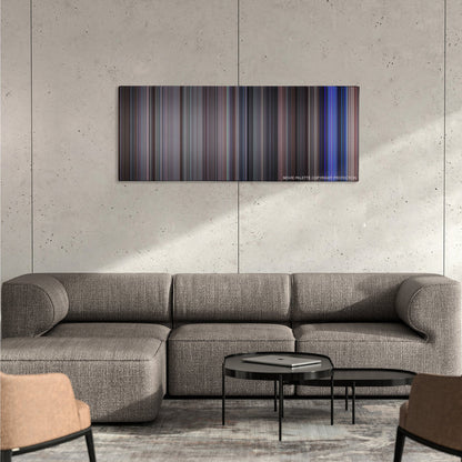 School of Rock color palette canvas on a concrete wall above a gray sectional sofa