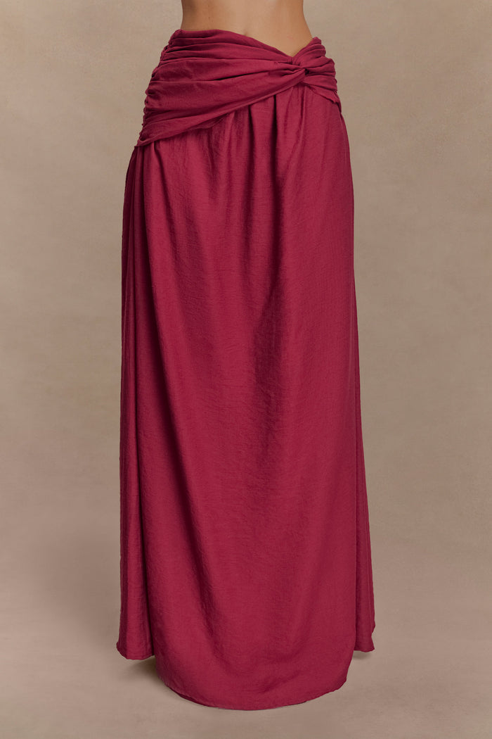 Scottie Gathered Linen Knot Maxi Skirt - Wine