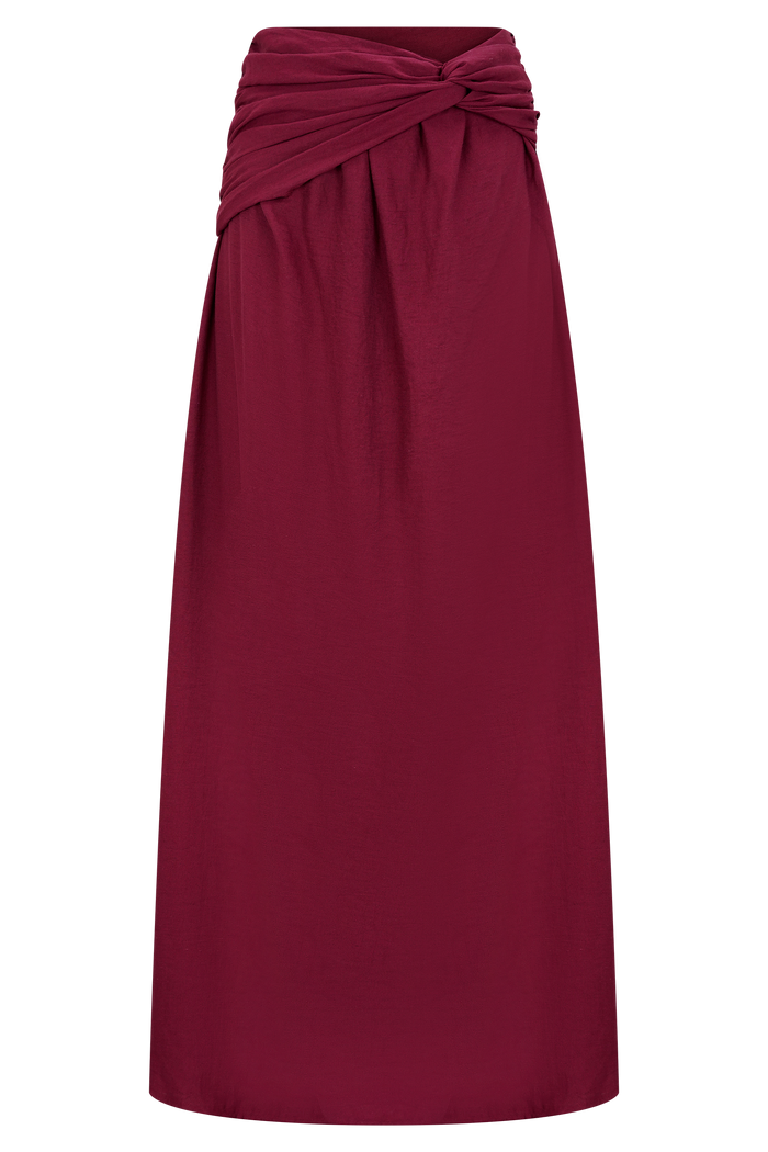 Scottie Gathered Linen Knot Maxi Skirt - Wine