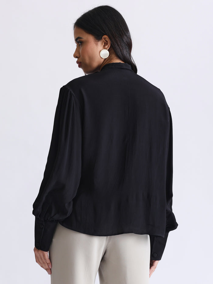 Shirt with Satin Tie-up Neck and Cuffed Sleeves