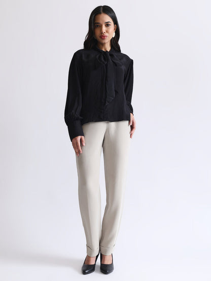 Shirt with Satin Tie-up Neck and Cuffed Sleeves
