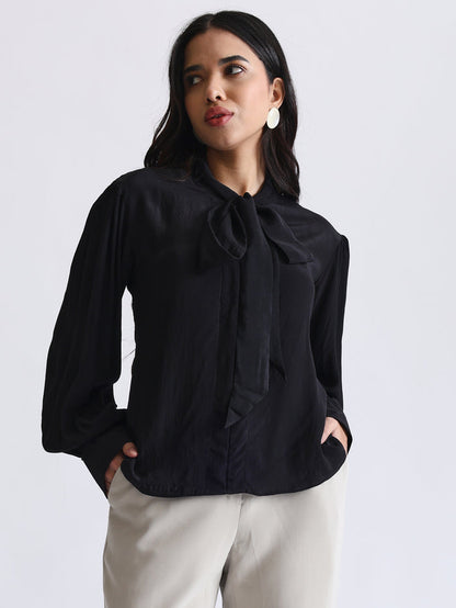 Shirt with Satin Tie-up Neck and Cuffed Sleeves