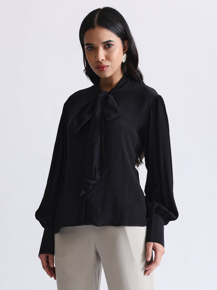 Shirt with Satin Tie-up Neck and Cuffed Sleeves