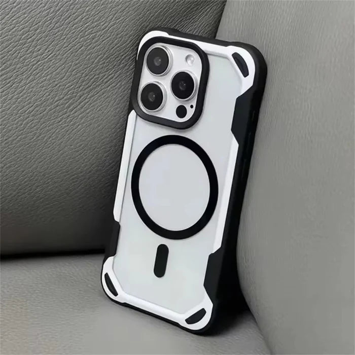 Clear and black protective phone case with MagSafe compatibility.