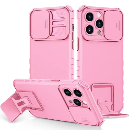 The pink iphone case is shown with the camera and lens