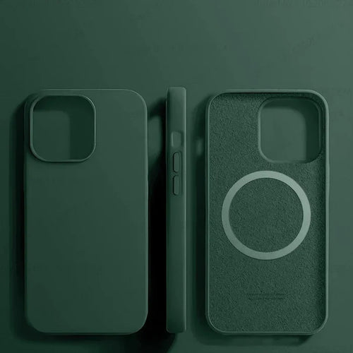 Dark green silicone iPhone case with MagSafe.