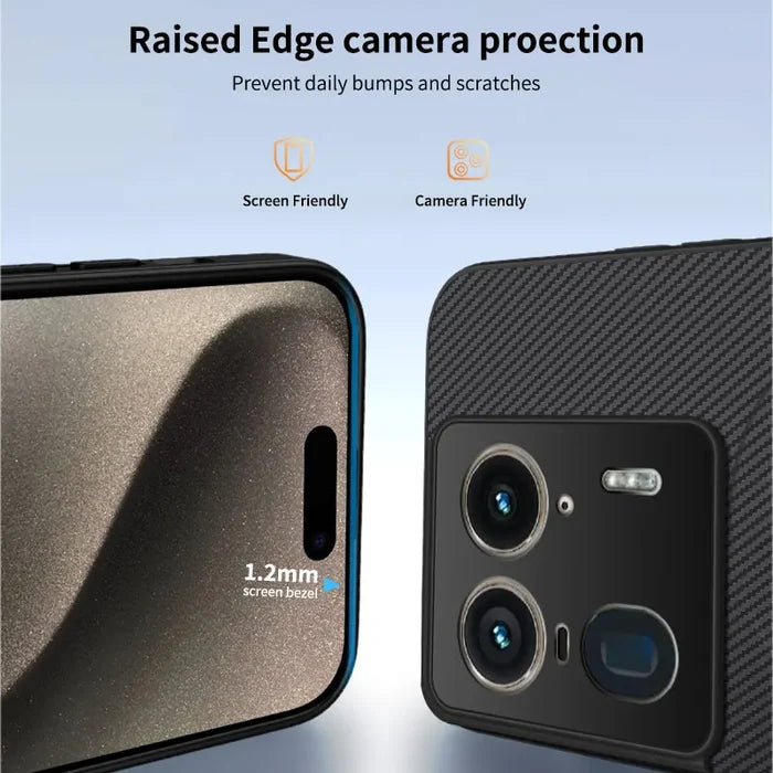A black smartphone case with raised edges for screen and camera protection.