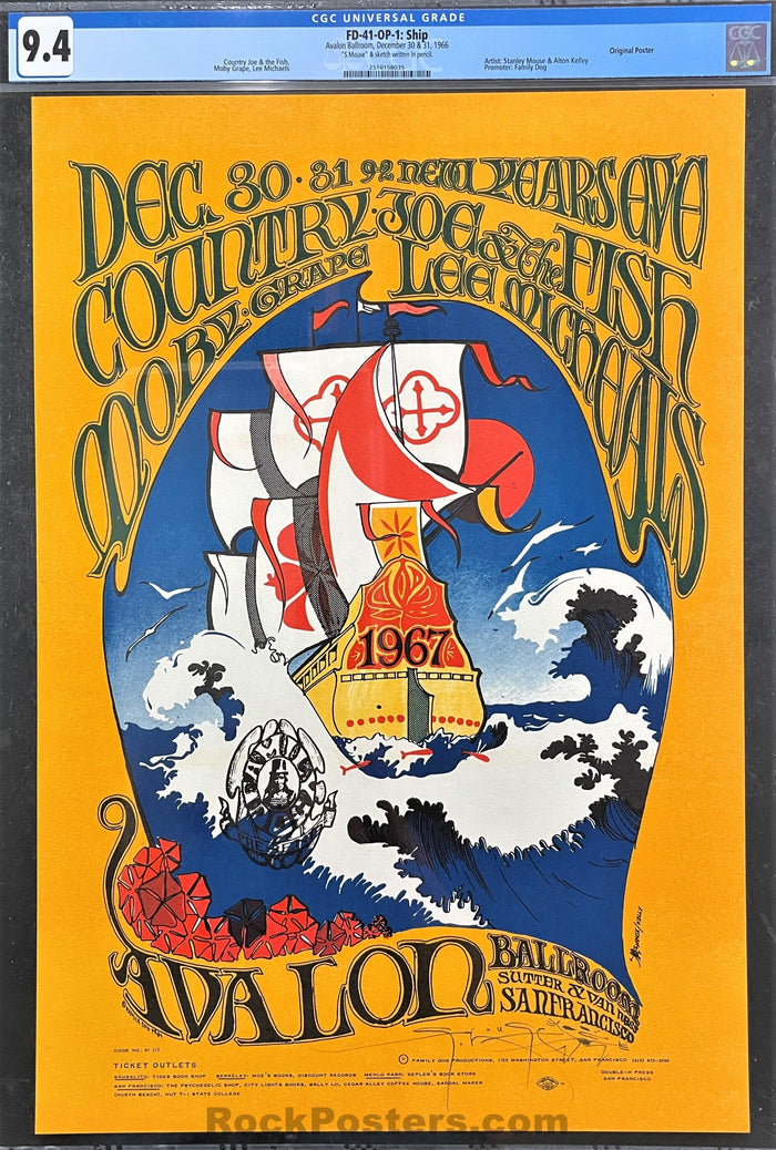 AUCTION -  FD-41 - Country Joe Moby Grape  - Stanley Mouse Signed - 1966 -67 Poster - Avalon Ballroom - CGC Graded 9.4-465993-277475
