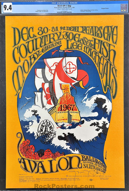 AUCTION -  FD-41 - Country Joe Moby Grape  - Stanley Mouse Signed - 1966 -67 Poster - Avalon Ballroom - CGC Graded 9.4-465993-277475