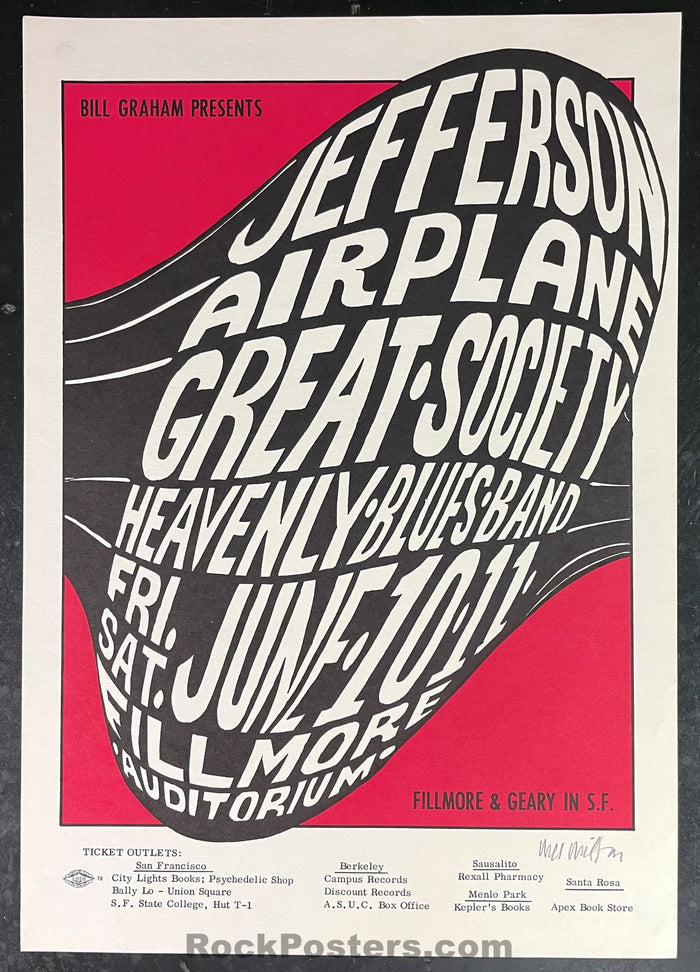 AUCTION - BG-10 - Jefferson Airplane - Wes Wilson SIGNED - 1966 Poster - Fillmore  Auditorium - Near Mint Minus-544650-333401