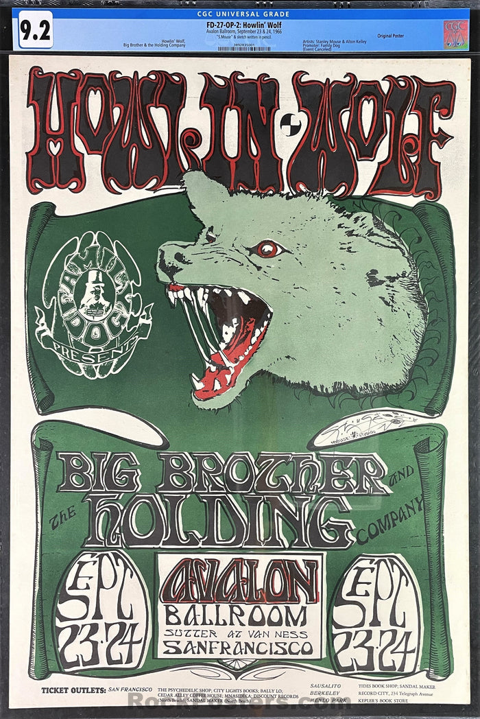 AUCTION -  FD-27 - Howlin Wolf Big Brother - Mouse Signed - 1966 Poster - Avalon Ballroom - CGC Graded 9.2-493108-296317