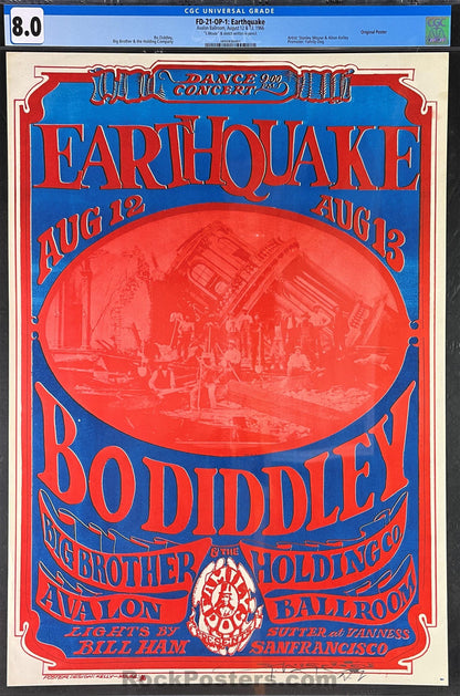 AUCTION - FD-21 - "Earthquake" Bo Diddley - Mouse Signed - 1966 Poster - Avalon Ballroom - CGC Graded 8.0-493139-296363