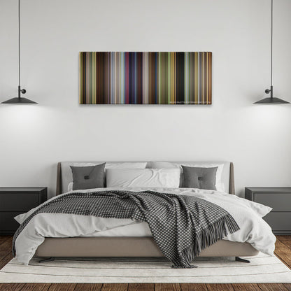 Shrek color palette canvas above a bed, between two black pendant lamps