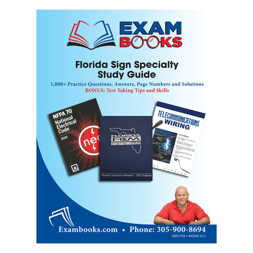 Cover of Florida Sign Specialty Study Guide with reference books, practice questions, answers, and a man in red shirt on blue background