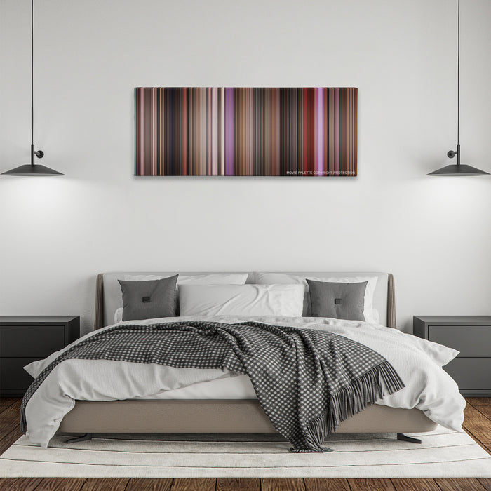 Singin' in the Rain color palette canvas above a bed, between two black pendant lamps