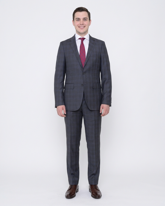 Slim Fit Gray With Blue Windowpane Two Button Wool Suit - The Suit Depot