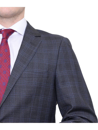 Label E TWO PIECE SUITS Slim Fit Gray With Blue Windowpane Two Button Wool Suit