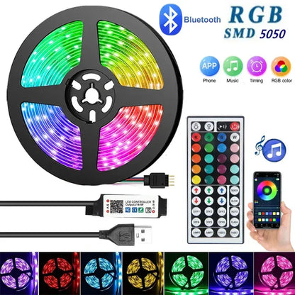 A close up of a person holding a remote control and a light strip