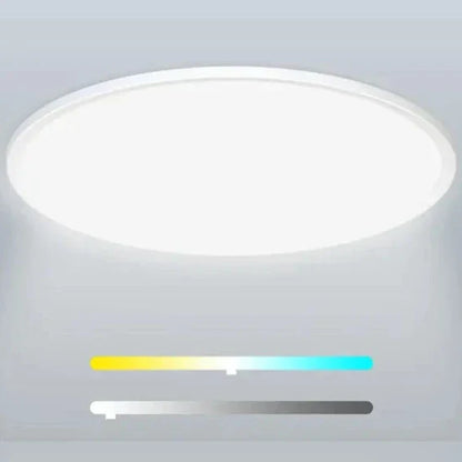 A close up of a smart ceiling light with a remote control