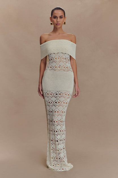 Solstice Off Shoulder Crochet Knit Maxi Dress - Ivory