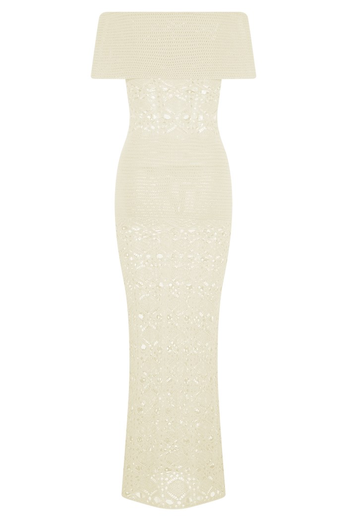 Solstice Off Shoulder Crochet Knit Maxi Dress - Ivory